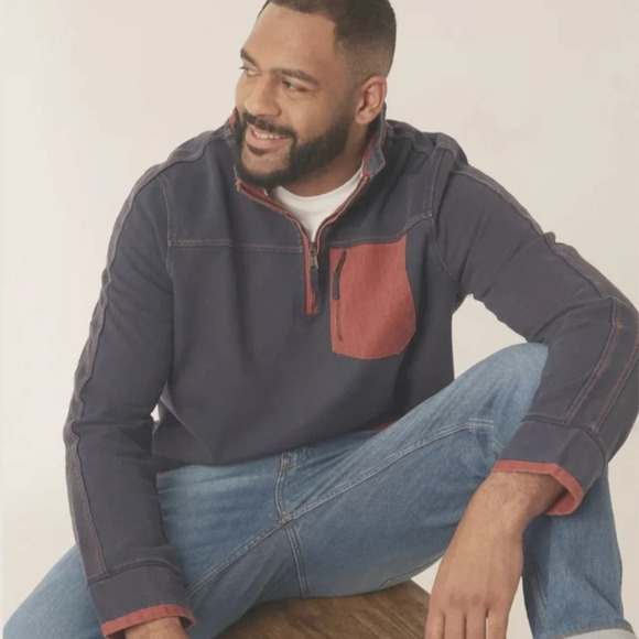 Fatface Arlie Sweat‎ Cotton Pullover size Small Navy Tan Sustainable Eco Granola - Picture 1 of 8